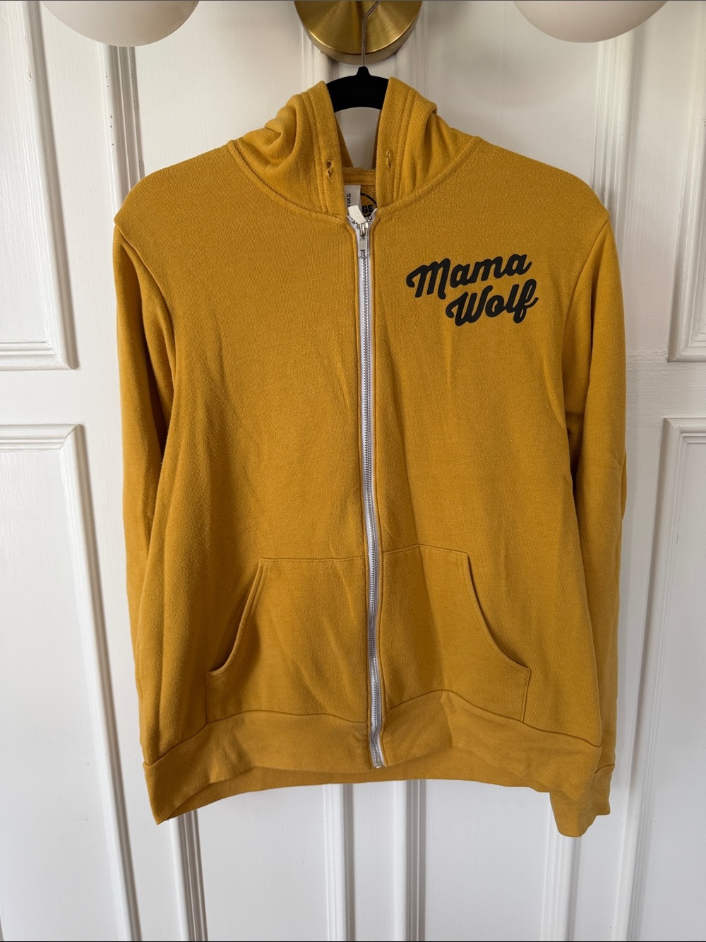 Savage Seeds Mustard Zip-Up Hoodie with 'Mama Wolf' Script Womens Size M